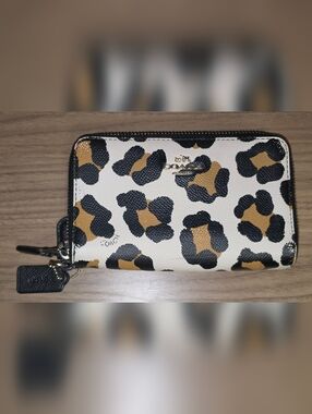COACH Leopard-Print Zip Wallet in White, Black & Tan